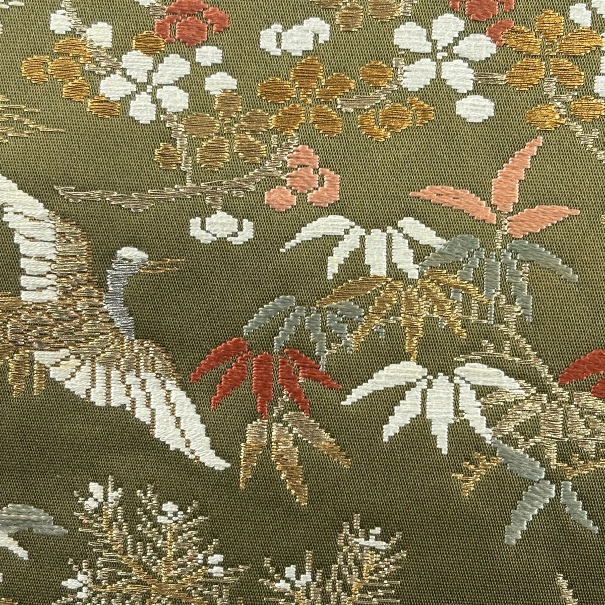 【美品】 袋帶 秀品級 松樹竹子梅花 仙鶴 金銀彩 金金箔 鶯 綠 六通 純蠶絲