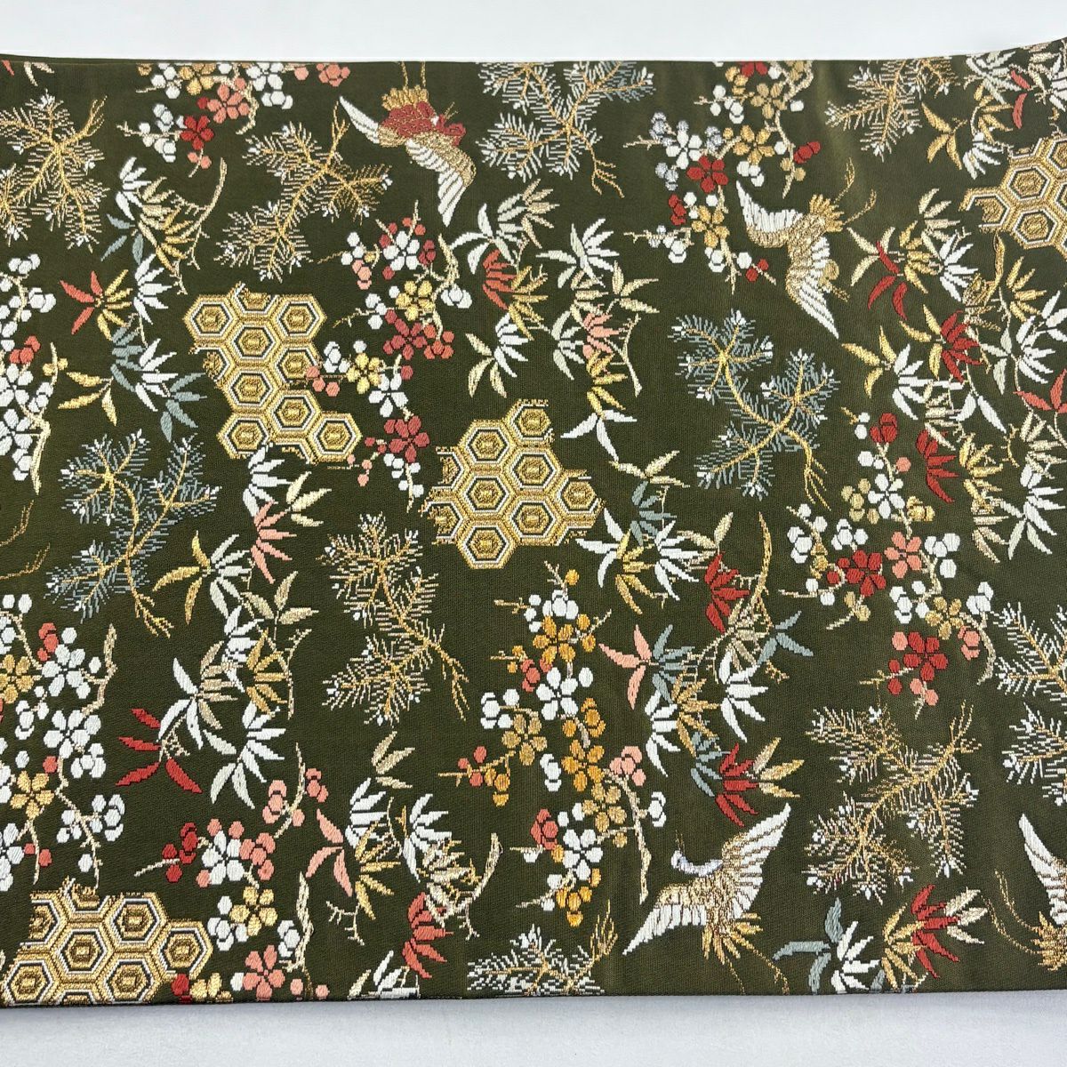 【美品】 袋帶 秀品級 松樹竹子梅花 仙鶴 金銀彩 金金箔 鶯 綠 六通 純蠶絲