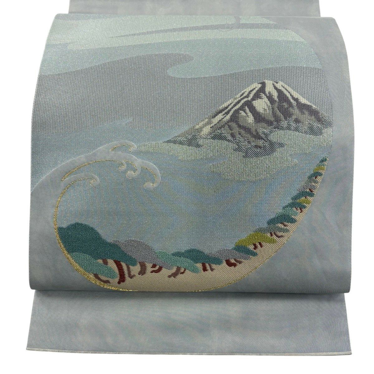 袋帶 秀品級 山 波頭 金銀彩 刺繡 青灰 純蠶絲