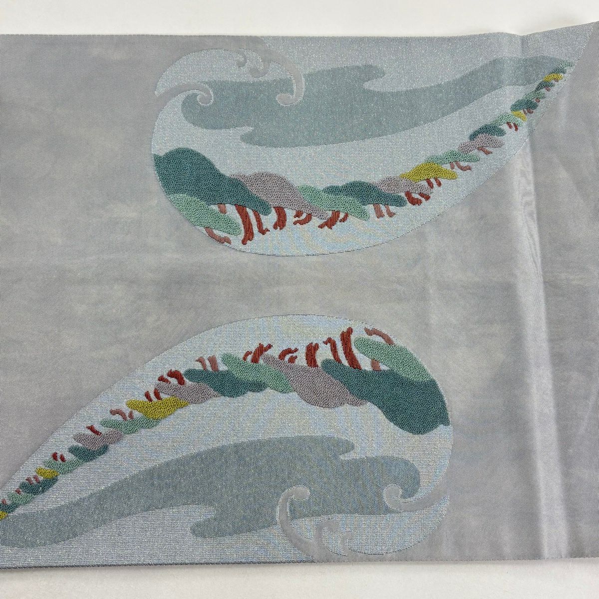 袋帶 秀品級 山 波頭 金銀彩 刺繡 青灰 純蠶絲