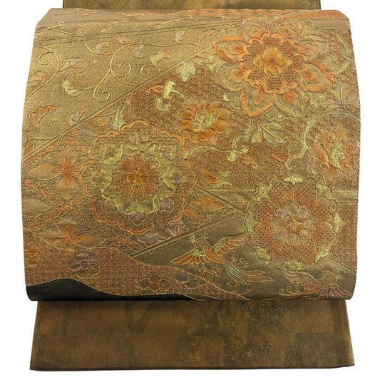 袋帶 秀品級 華紋 唐草紋 刺繡 金銀彩 金茶 お太鼓圖案 純蠶絲