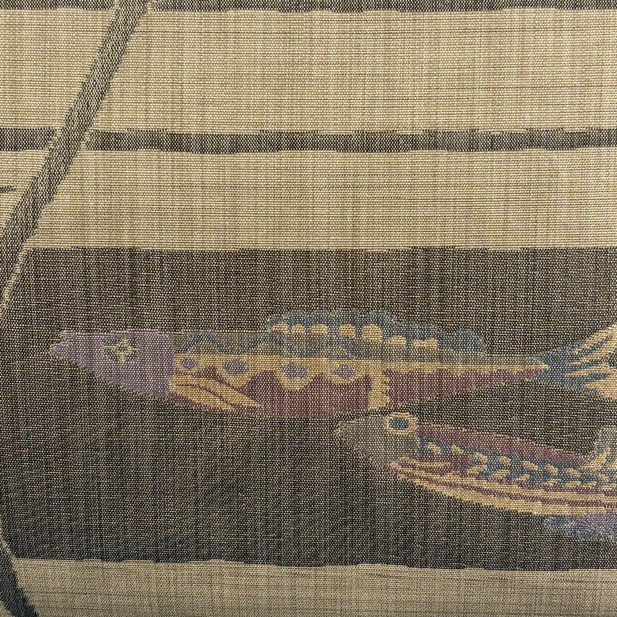 名古屋帶 秀品級 魚 幾何學 灰茶 純蠶絲