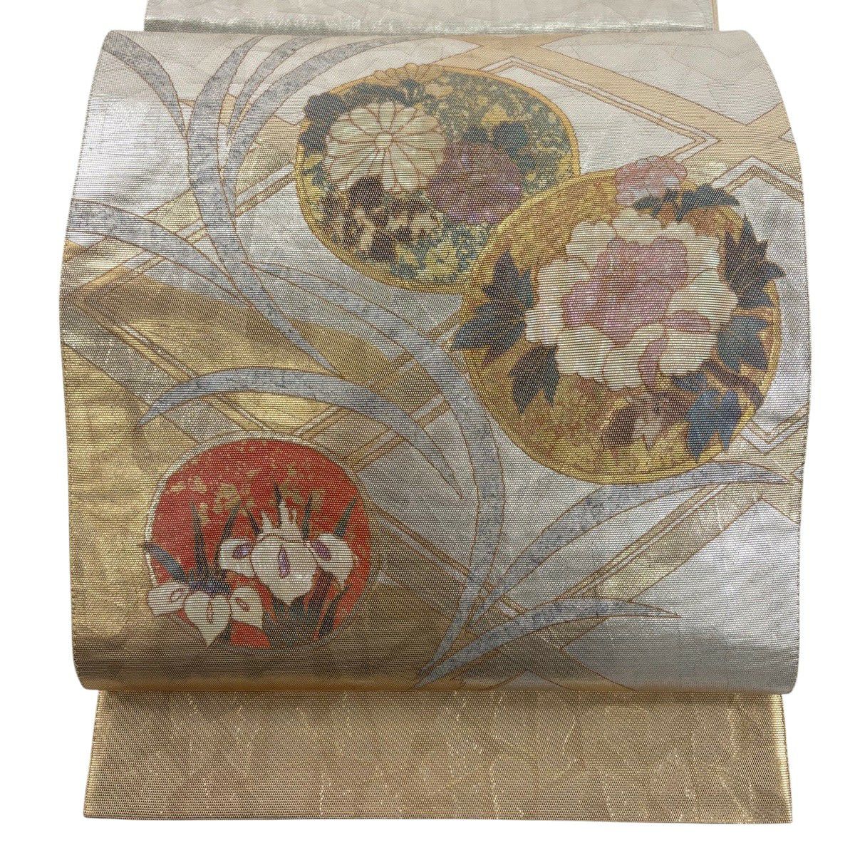 袋帶 秀品級 菊花花 牡丹 金金箔 金色 大鼓圖案 純蠶絲