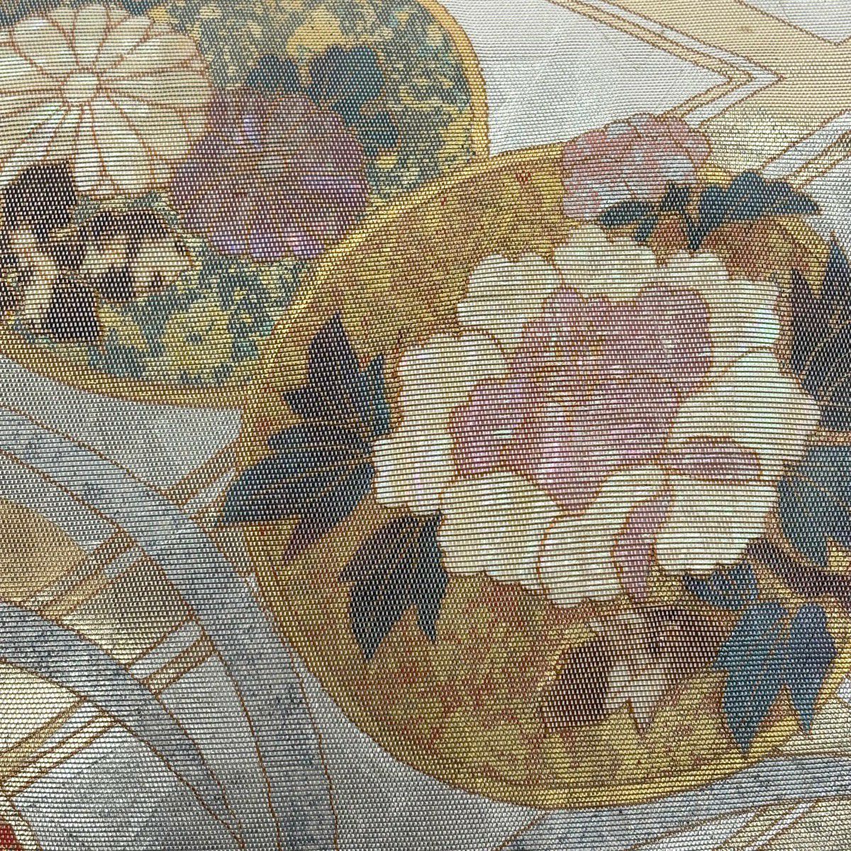 袋帶 秀品級 菊花花 牡丹 金金箔 金色 大鼓圖案 純蠶絲