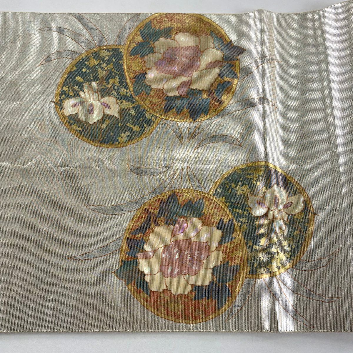 袋帶 秀品級 菊花花 牡丹 金金箔 金色 大鼓圖案 純蠶絲