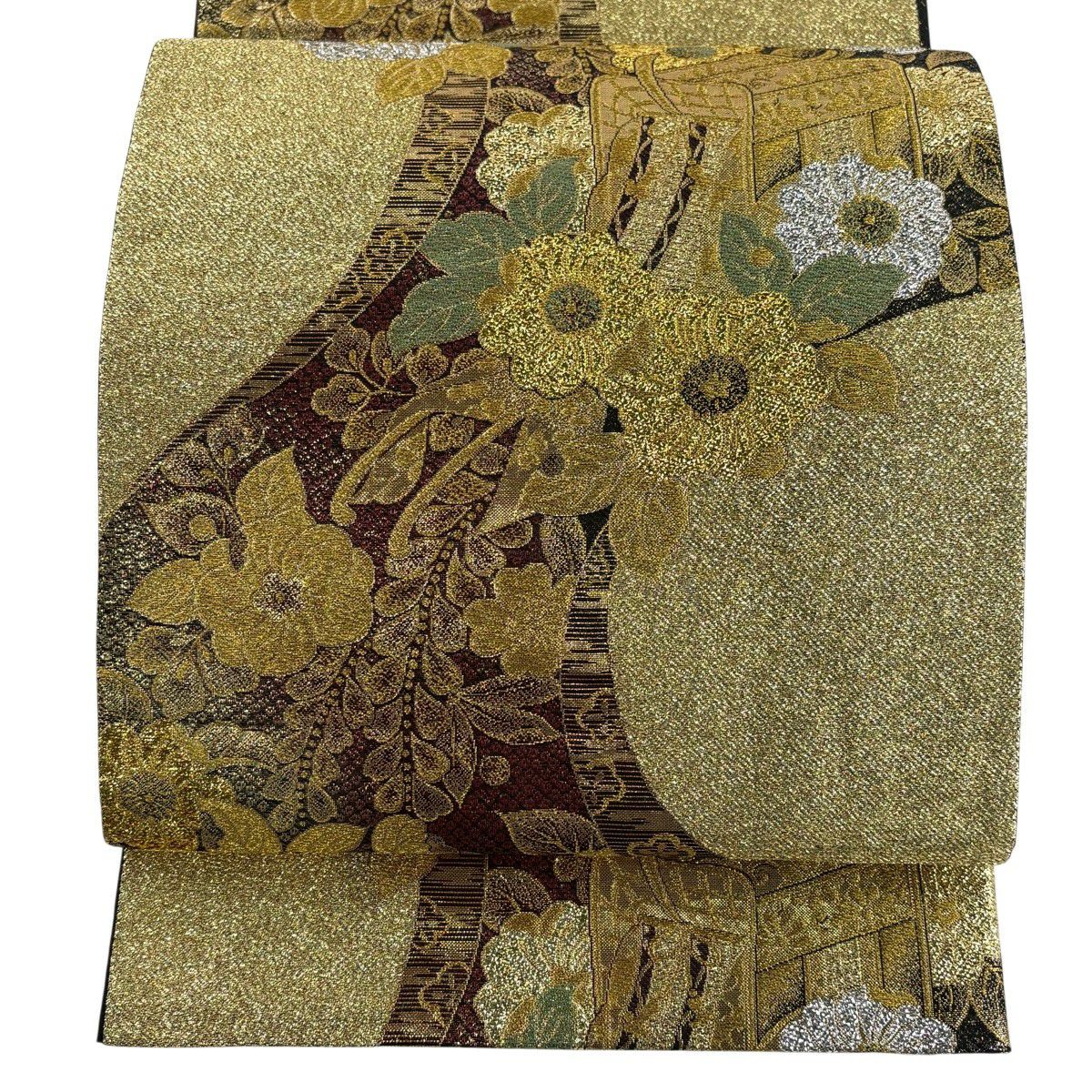 【美品】 袋帶 秀品級 大和 御所車 草花紋 金絲 金金箔 金色 六通 純蠶絲