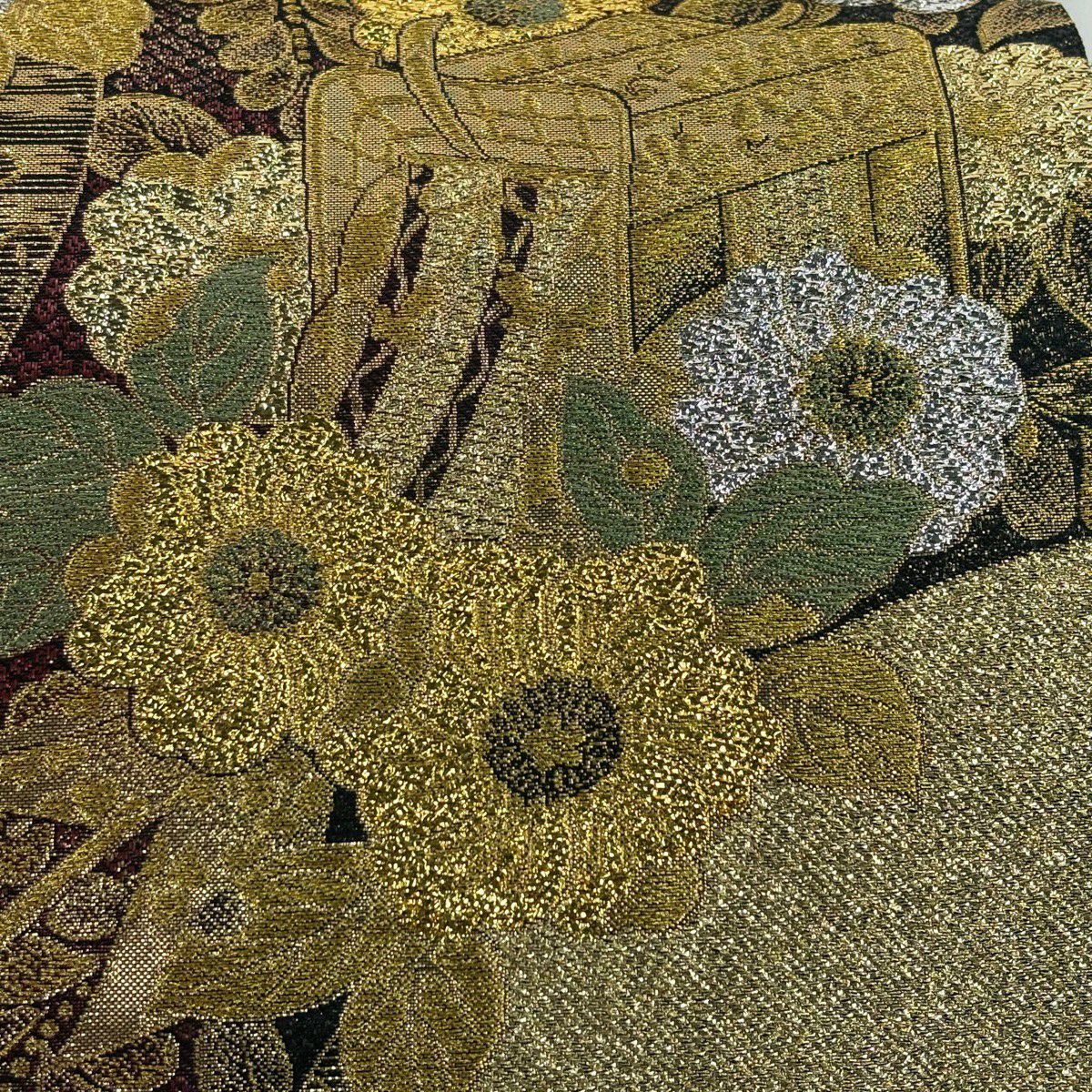 【美品】 袋帶 秀品級 大和 御所車 草花紋 金絲 金金箔 金色 六通 純蠶絲