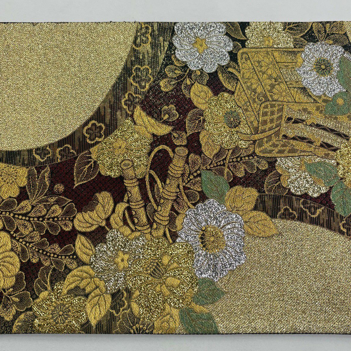 【美品】 袋帶 秀品級 大和 御所車 草花紋 金絲 金金箔 金色 六通 純蠶絲