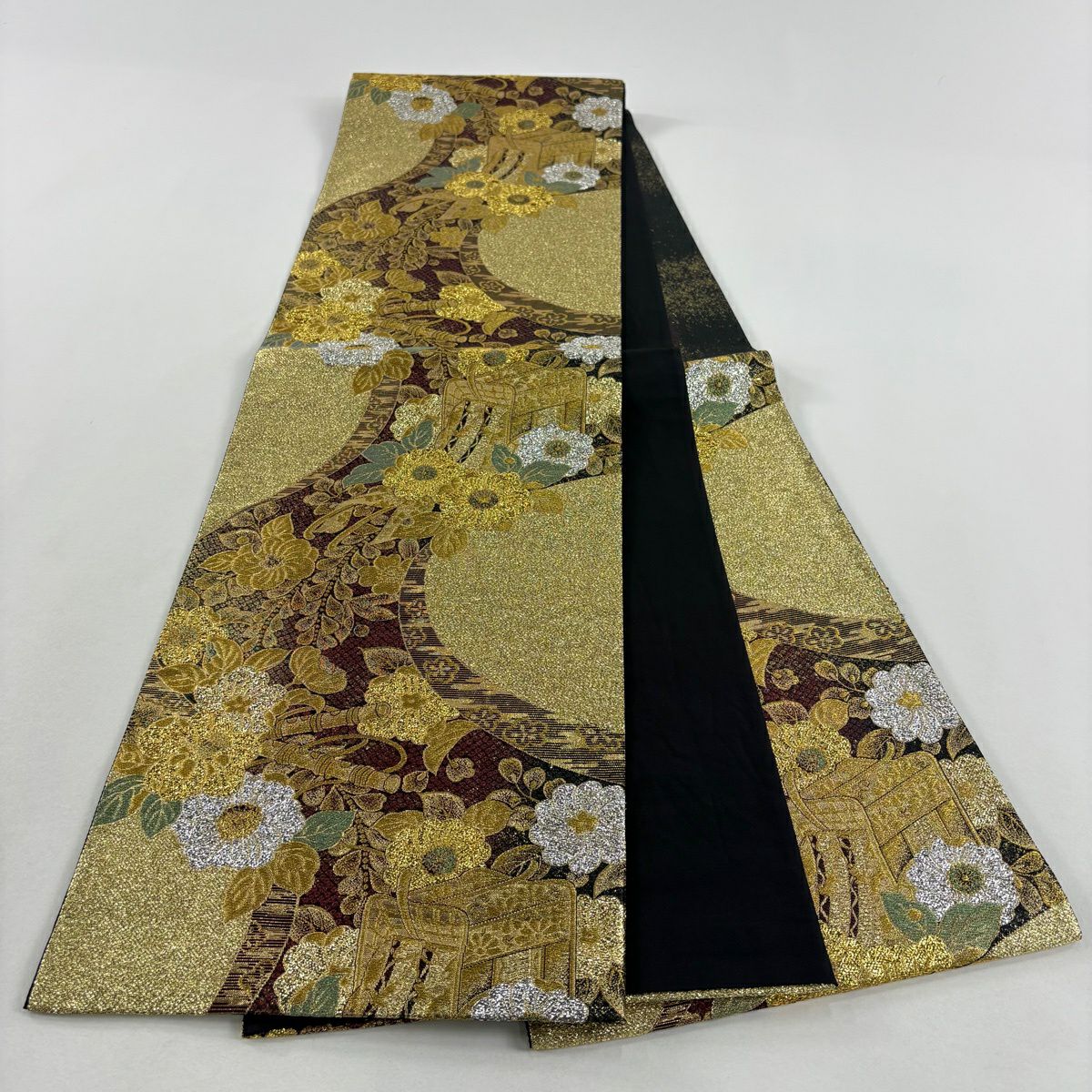 【美品】 袋帶 秀品級 大和 御所車 草花紋 金絲 金金箔 金色 六通 純蠶絲