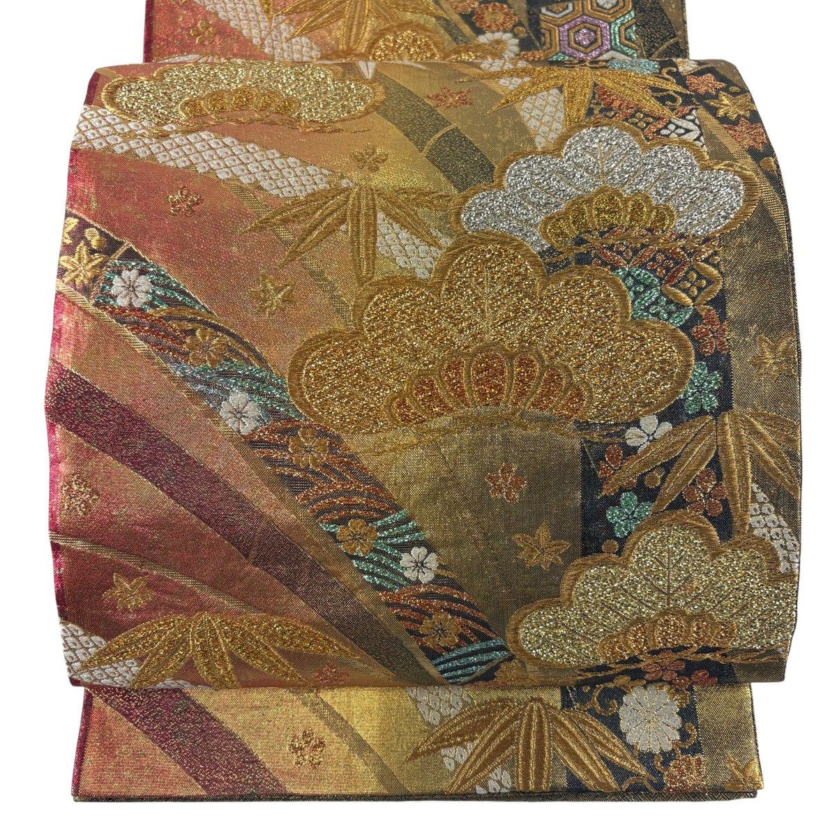 【美品】 袋帶 秀品級 松樹 竹子 金絲 金金箔 金色 六通 純蠶絲