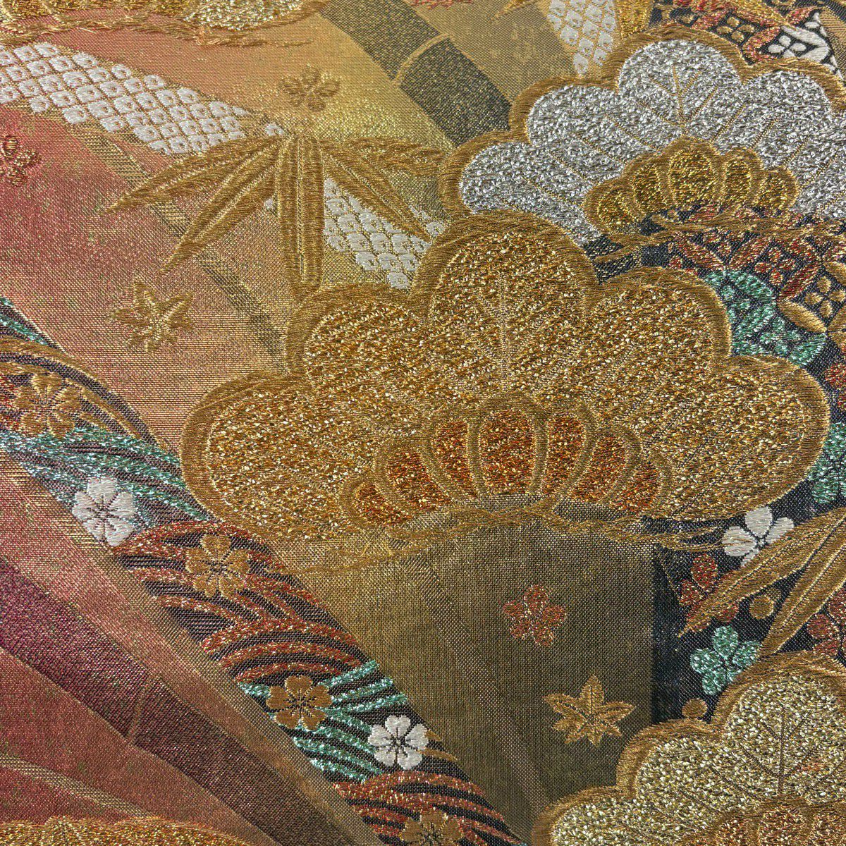 【美品】 袋帶 秀品級 松樹 竹子 金絲 金金箔 金色 六通 純蠶絲