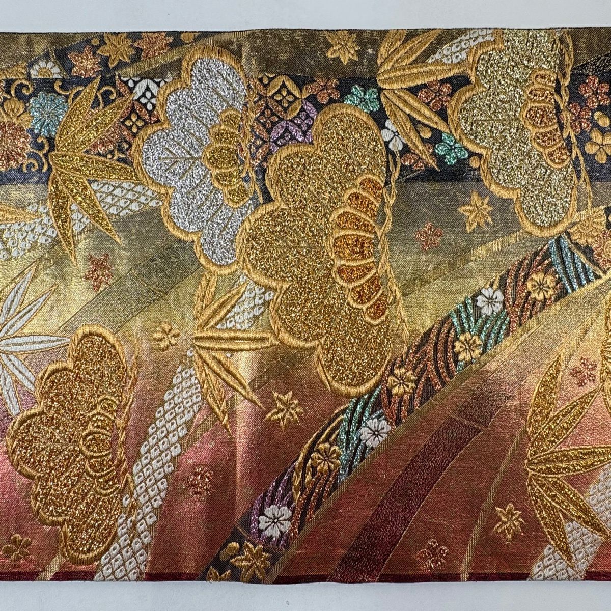 【美品】 袋帶 秀品級 松樹 竹子 金絲 金金箔 金色 六通 純蠶絲
