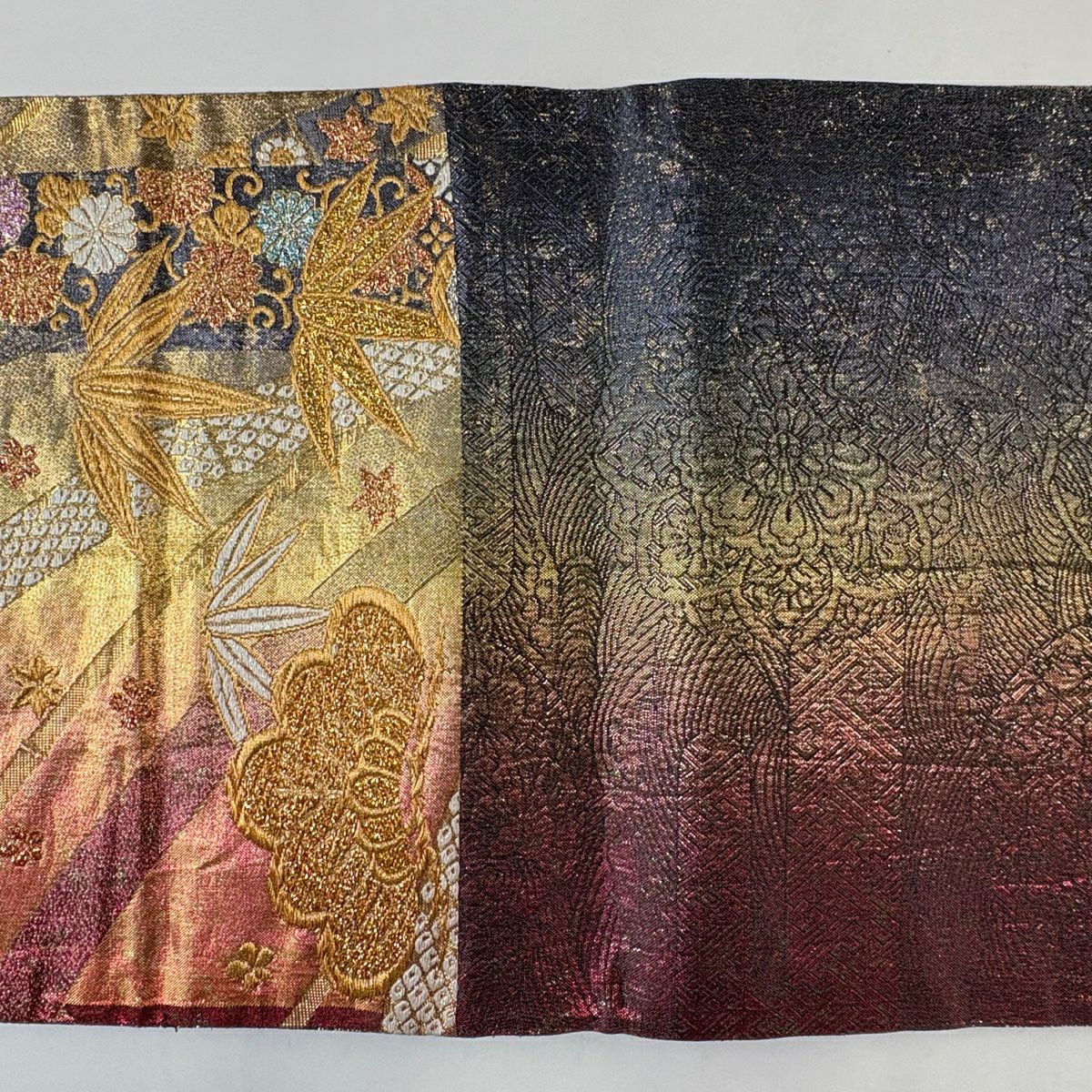 【美品】 袋帶 秀品級 松樹 竹子 金絲 金金箔 金色 六通 純蠶絲