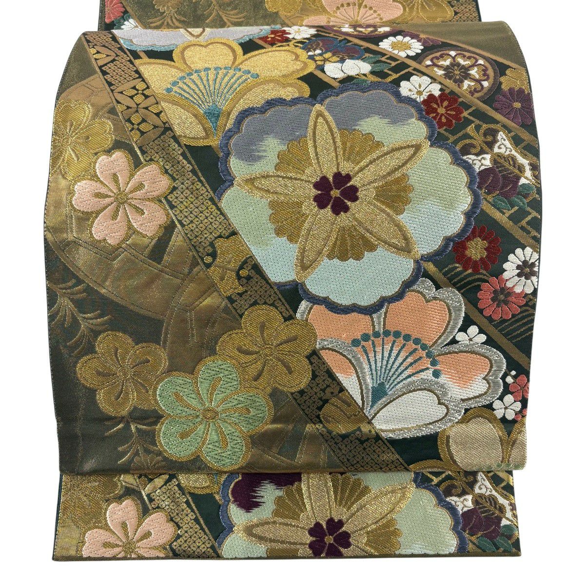 【美品】 袋帶 秀品級 花 寶盡くし 金銀絲 金金箔 金茶 全通 純蠶絲