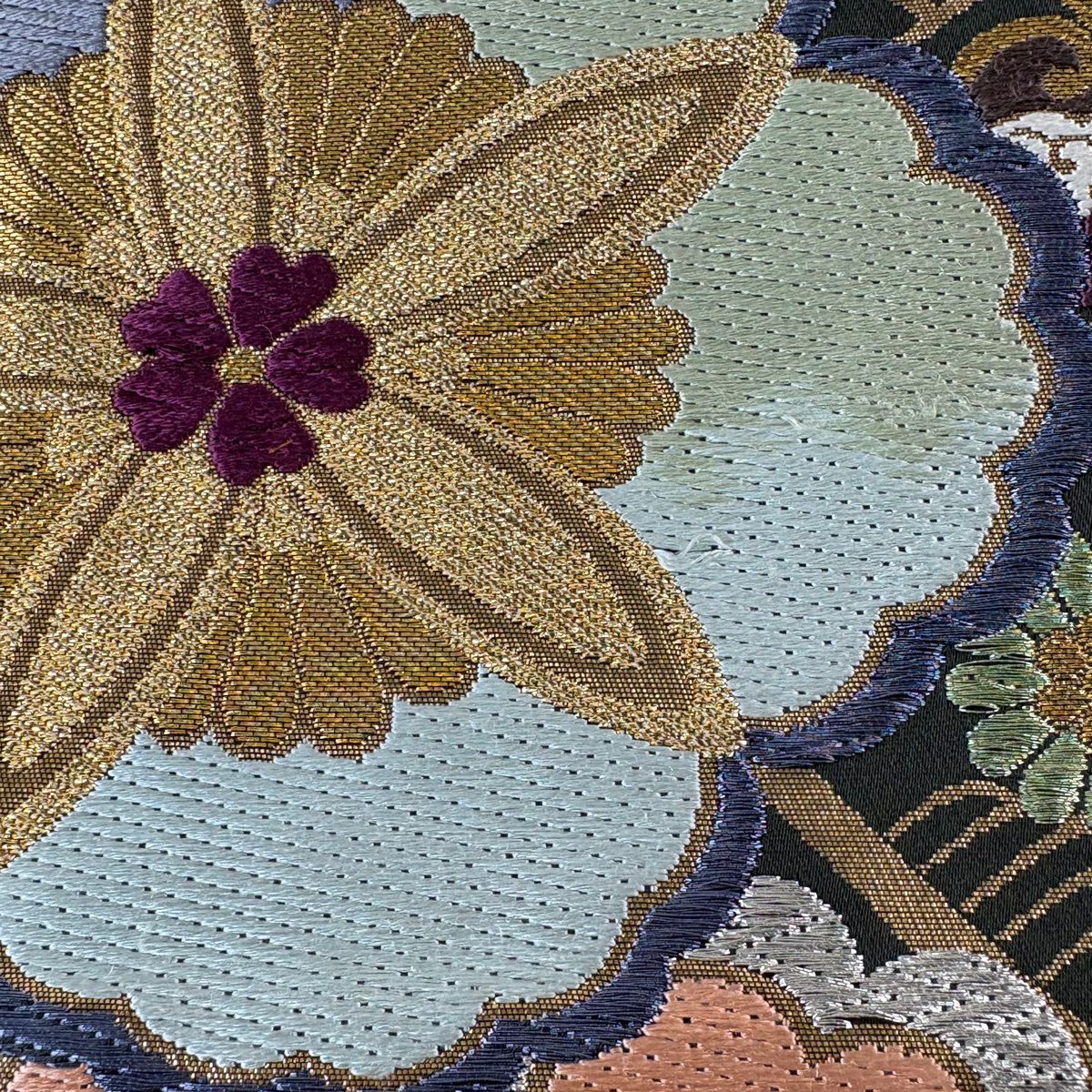 【美品】 袋帶 秀品級 花 寶盡くし 金銀絲 金金箔 金茶 全通 純蠶絲