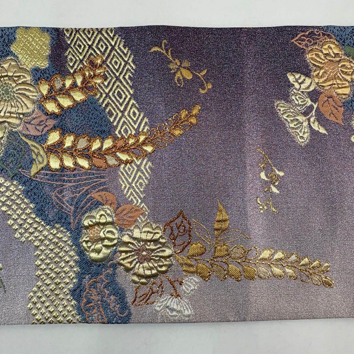 【美品】 袋帶 秀品級 大和 辻花染 金絲 金金箔 淺紫 六通 純蠶絲