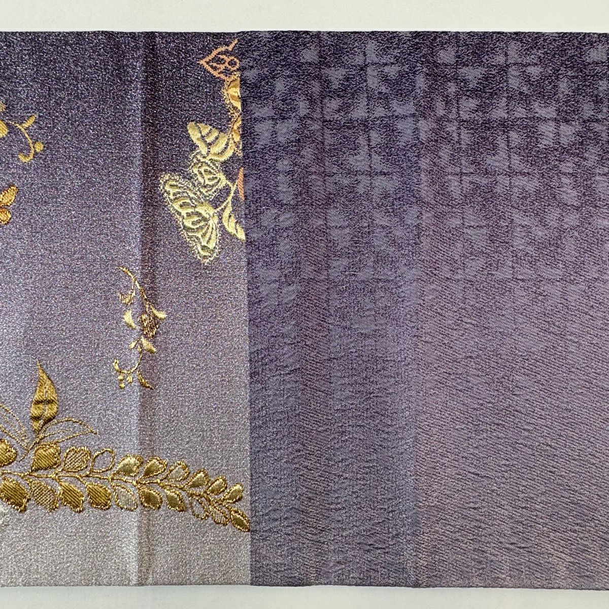 【美品】 袋帶 秀品級 大和 辻花染 金絲 金金箔 淺紫 六通 純蠶絲