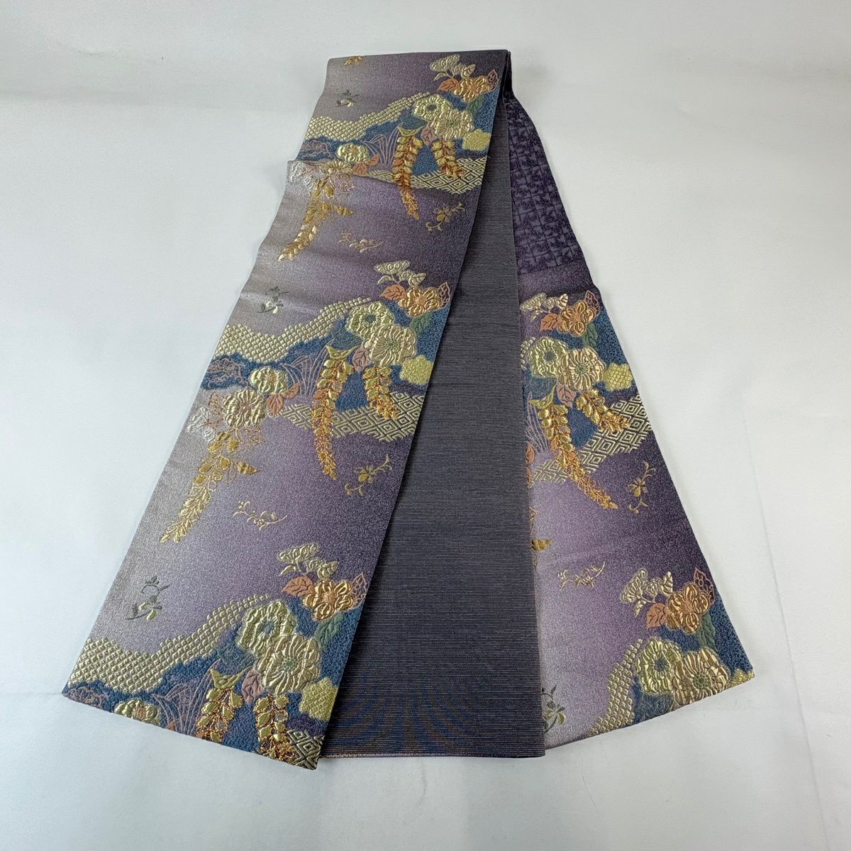 【美品】 袋帶 秀品級 大和 辻花染 金絲 金金箔 淺紫 六通 純蠶絲