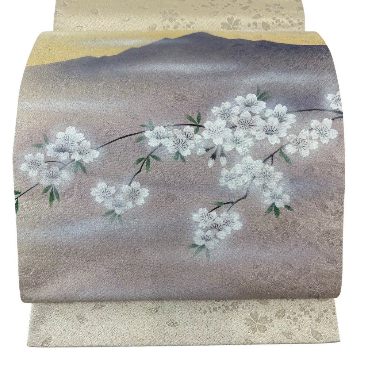 【美品】 袋帶 秀品級 樱花 山 銀線 漸層 米色 大鼓圖案 純蠶絲