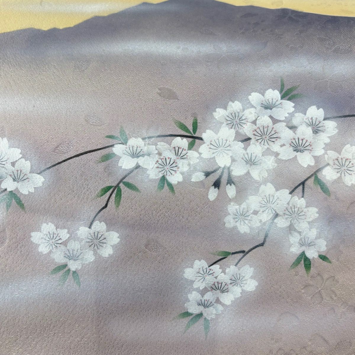 【美品】 袋帶 秀品級 樱花 山 銀線 漸層 米色 大鼓圖案 純蠶絲