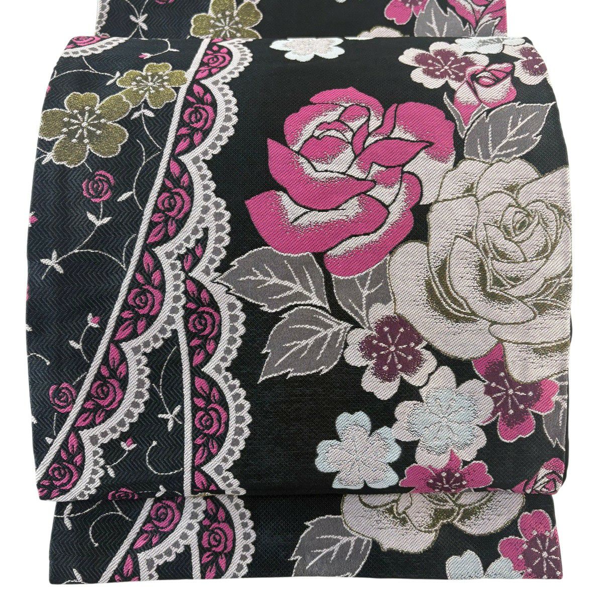 【美品】 袋帶 秀品級 薔薇花 金絲 黑 全通 純蠶絲