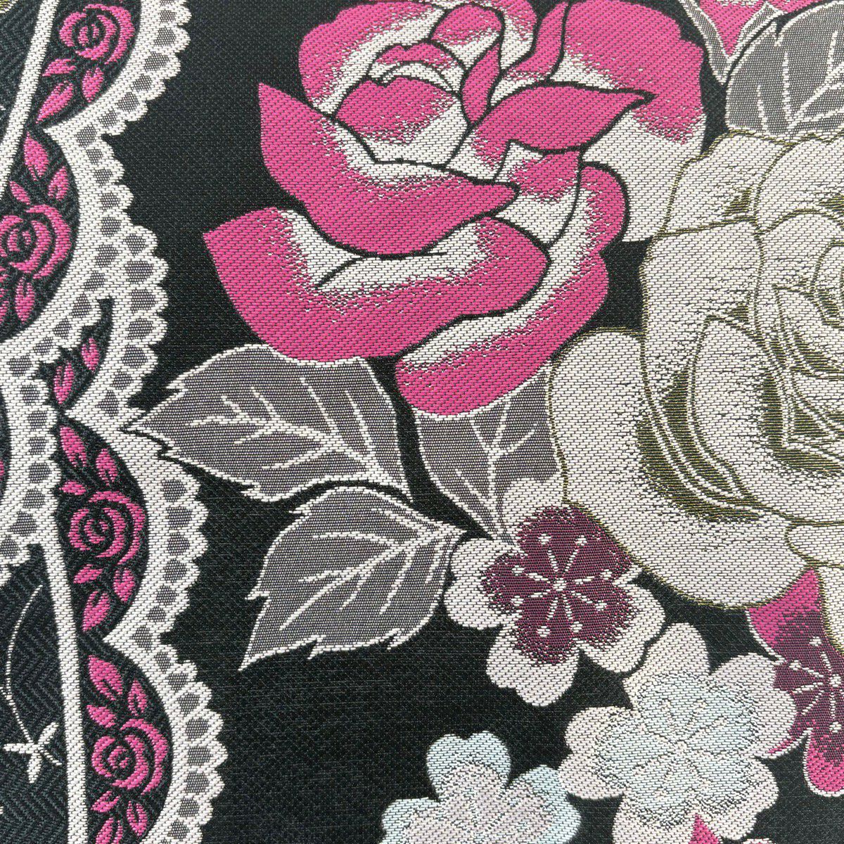 【美品】 袋帶 秀品級 薔薇花 金絲 黑 全通 純蠶絲