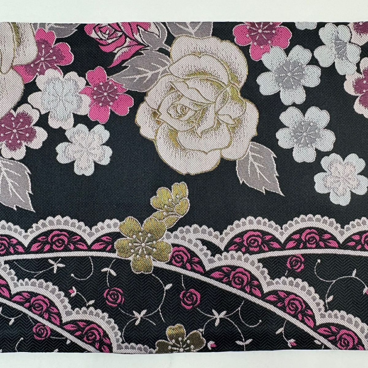 【美品】 袋帶 秀品級 薔薇花 金絲 黑 全通 純蠶絲