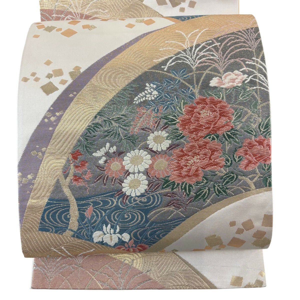 袋帶 秀品級 草花紋紋 流水 金絲 金金箔 米色 六通 純蠶絲