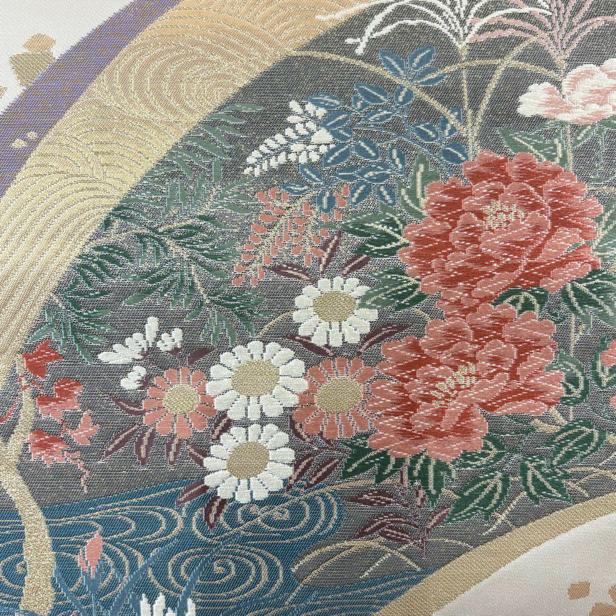 袋帶 秀品級 草花紋紋 流水 金絲 金金箔 米色 六通 純蠶絲