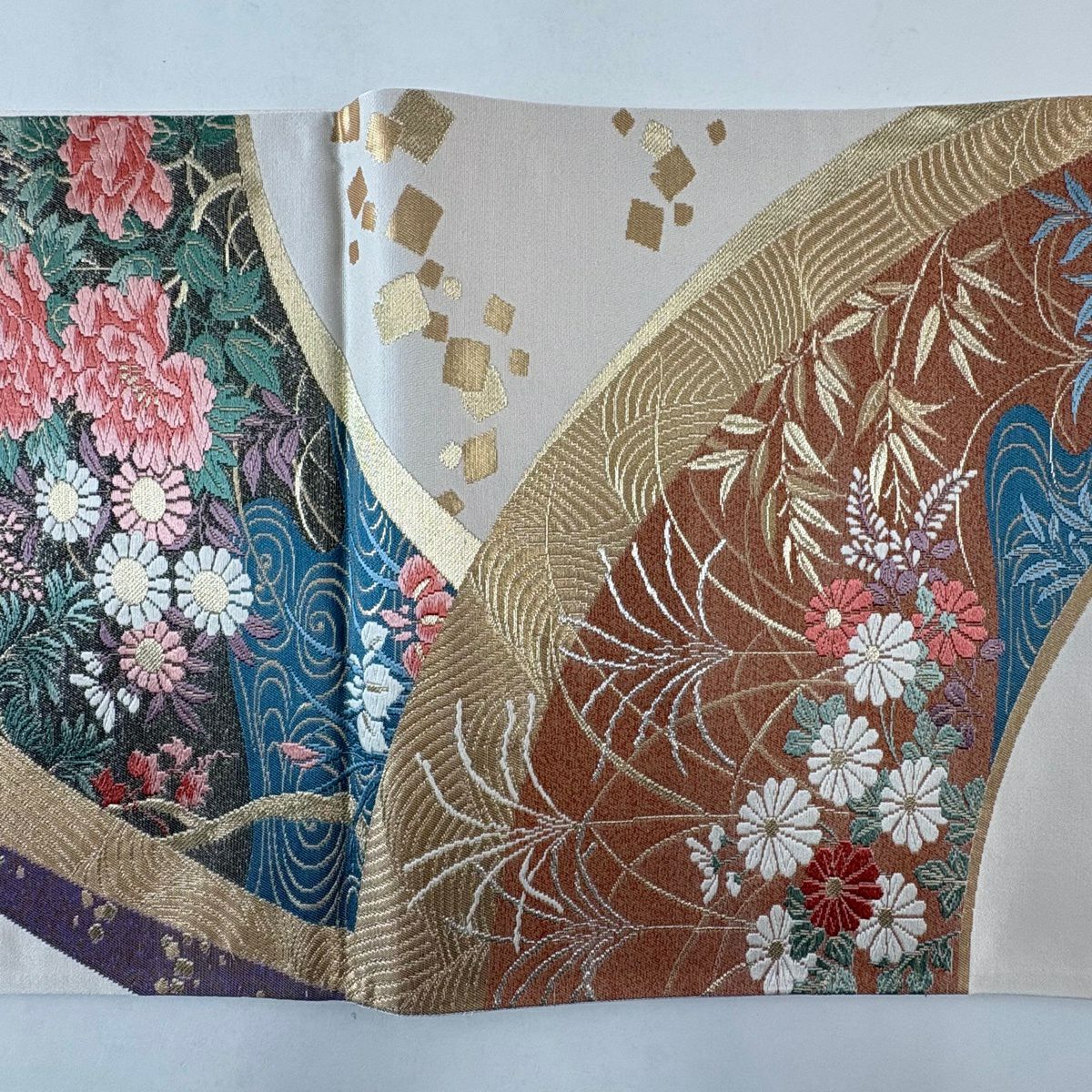 袋帶 秀品級 草花紋紋 流水 金絲 金金箔 米色 六通 純蠶絲