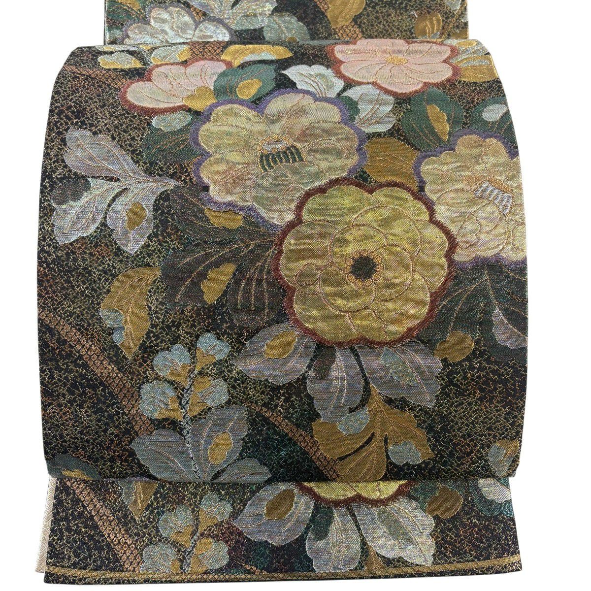 【美品】 袋帶 秀品級 草花紋紋 疋田 金絲 金金箔 茶綠 六通 純蠶絲