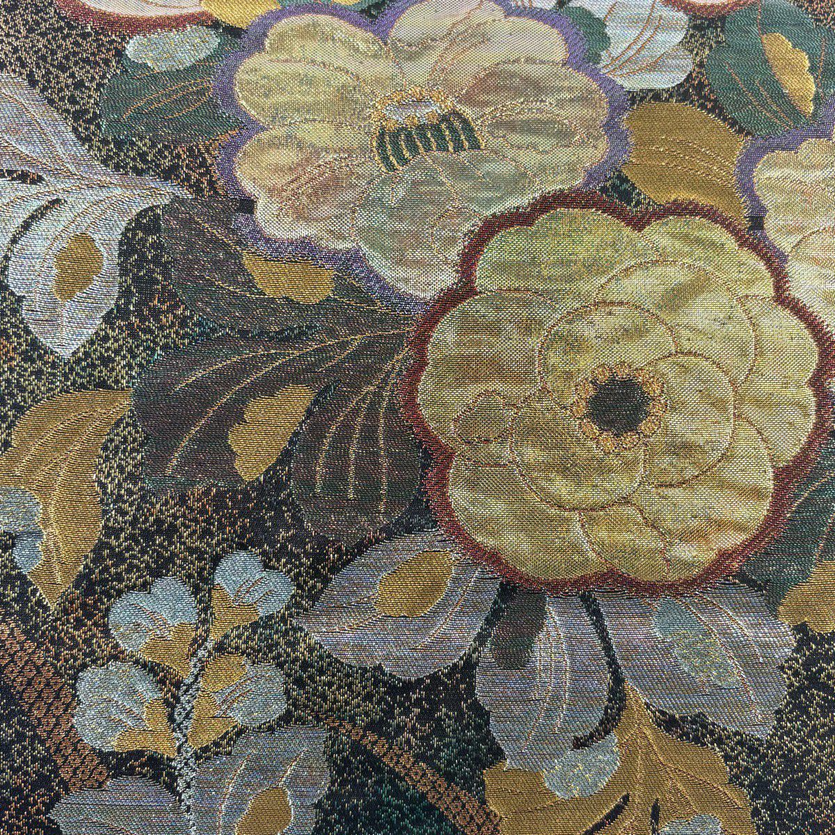 【美品】 袋帶 秀品級 草花紋紋 疋田 金絲 金金箔 茶綠 六通 純蠶絲