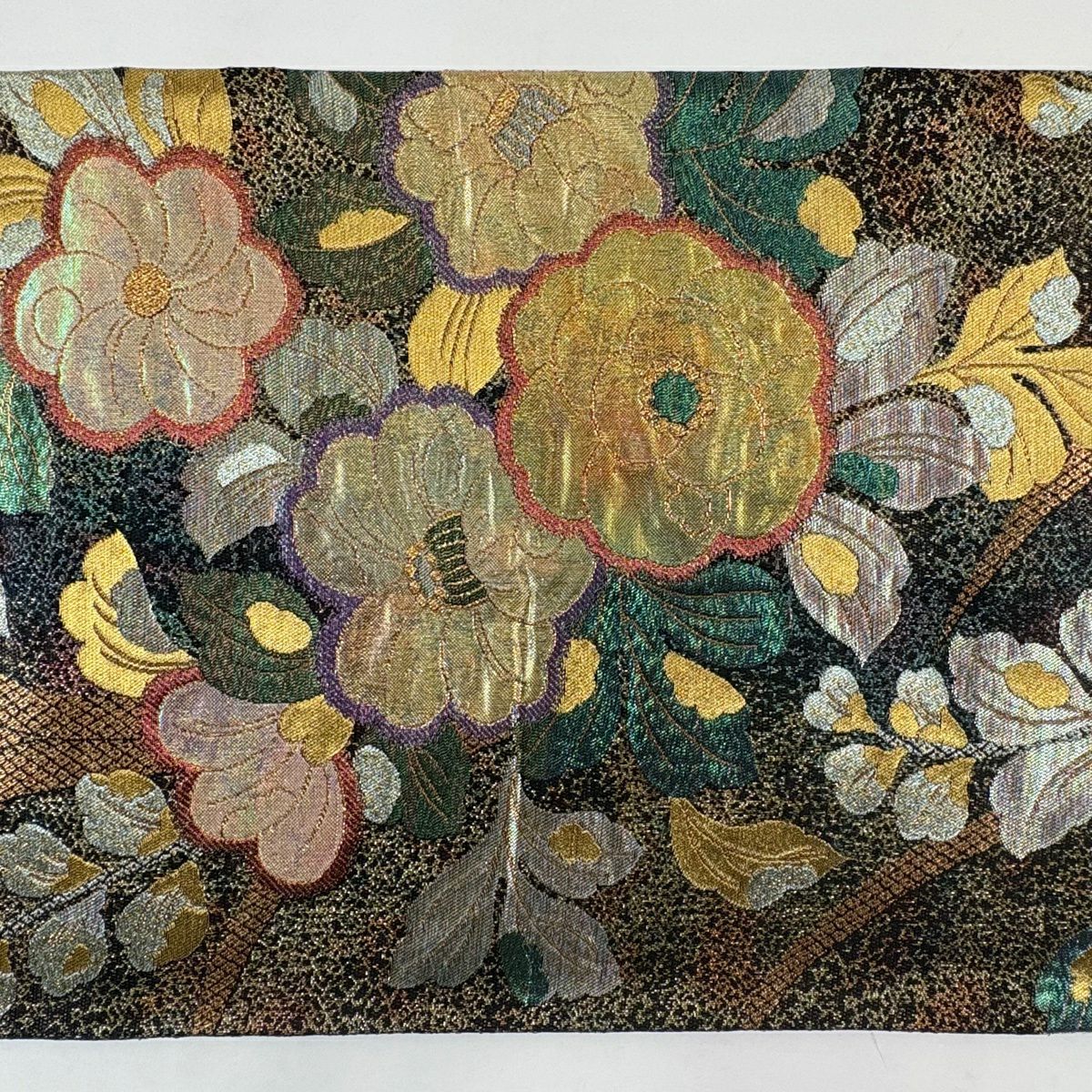 【美品】 袋帶 秀品級 草花紋紋 疋田 金絲 金金箔 茶綠 六通 純蠶絲