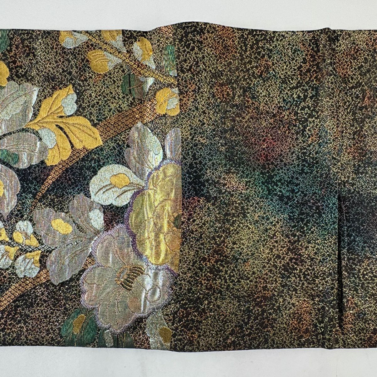 【美品】 袋帶 秀品級 草花紋紋 疋田 金絲 金金箔 茶綠 六通 純蠶絲