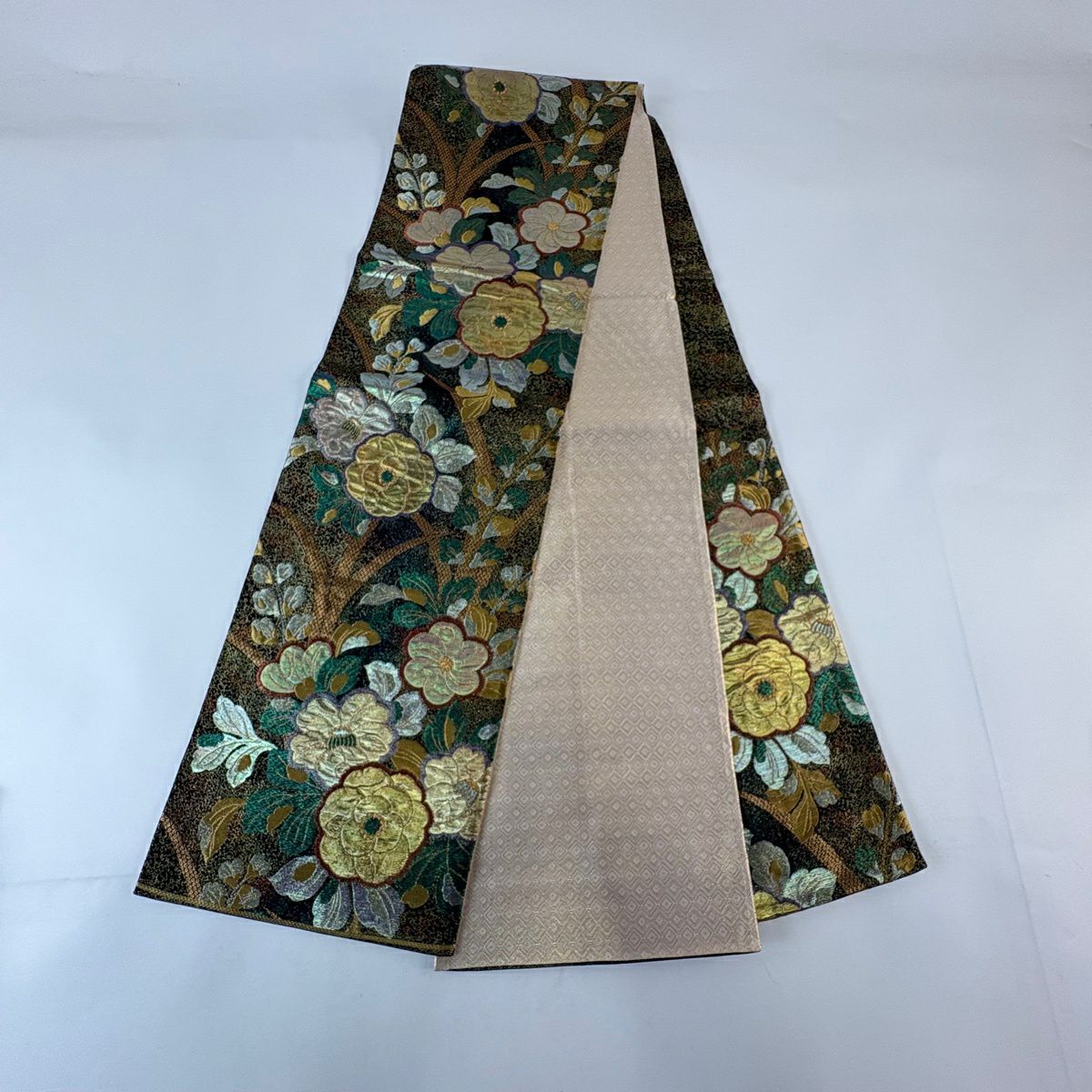 【美品】 袋帶 秀品級 草花紋紋 疋田 金絲 金金箔 茶綠 六通 純蠶絲