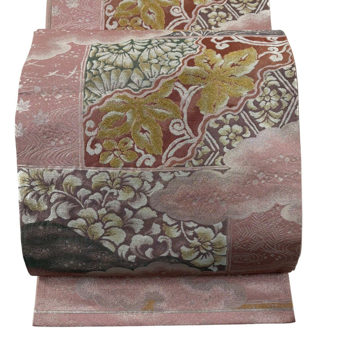 【美品】 袋帶 秀品級 数寄屋 関西裁縫 草花紋紋 雲文 金銀彩 金金箔 薄紫 六通 純蠶絲