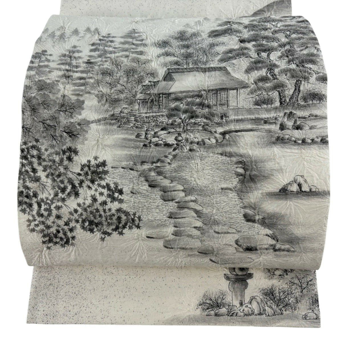 【美品】 袋帶 秀品級 落款あり 証紙あり 大島紬織地 桂離宮 松樹 絞染 灰白 お太鼓柄 純蠶絲