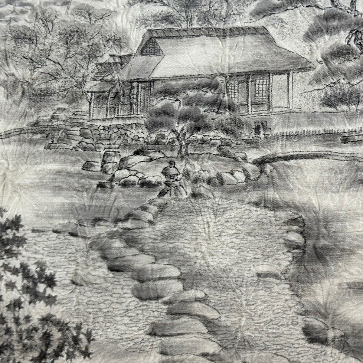 【美品】 袋帶 秀品級 落款あり 証紙あり 大島紬織地 桂離宮 松樹 絞染 灰白 お太鼓柄 純蠶絲
