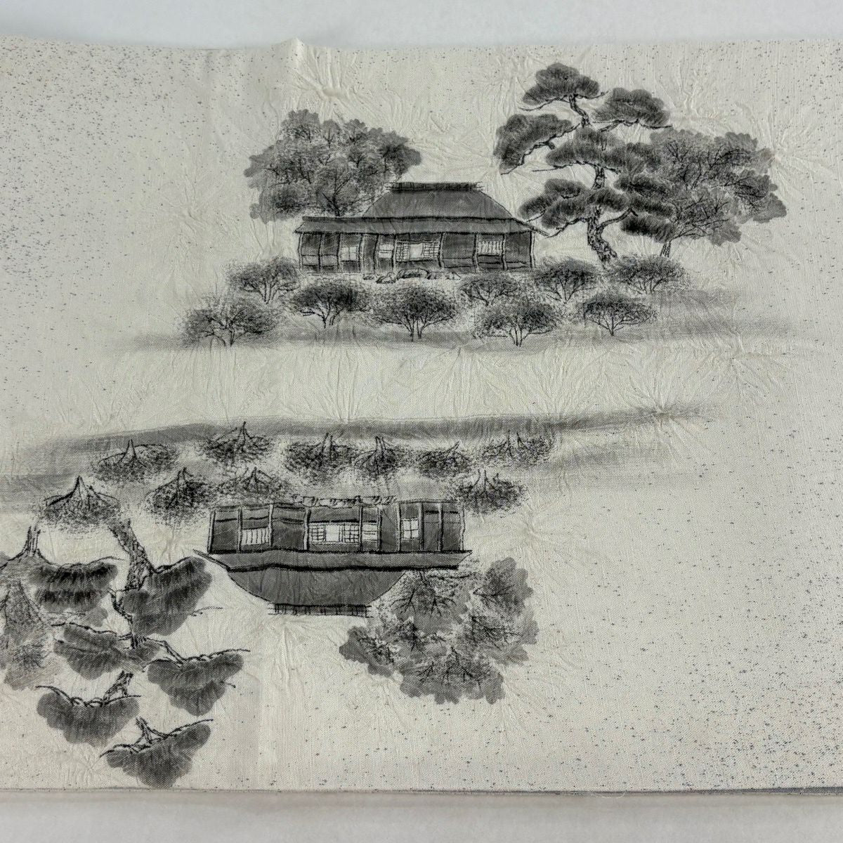 【美品】 袋帶 秀品級 落款あり 証紙あり 大島紬織地 桂離宮 松樹 絞染 灰白 お太鼓柄 純蠶絲