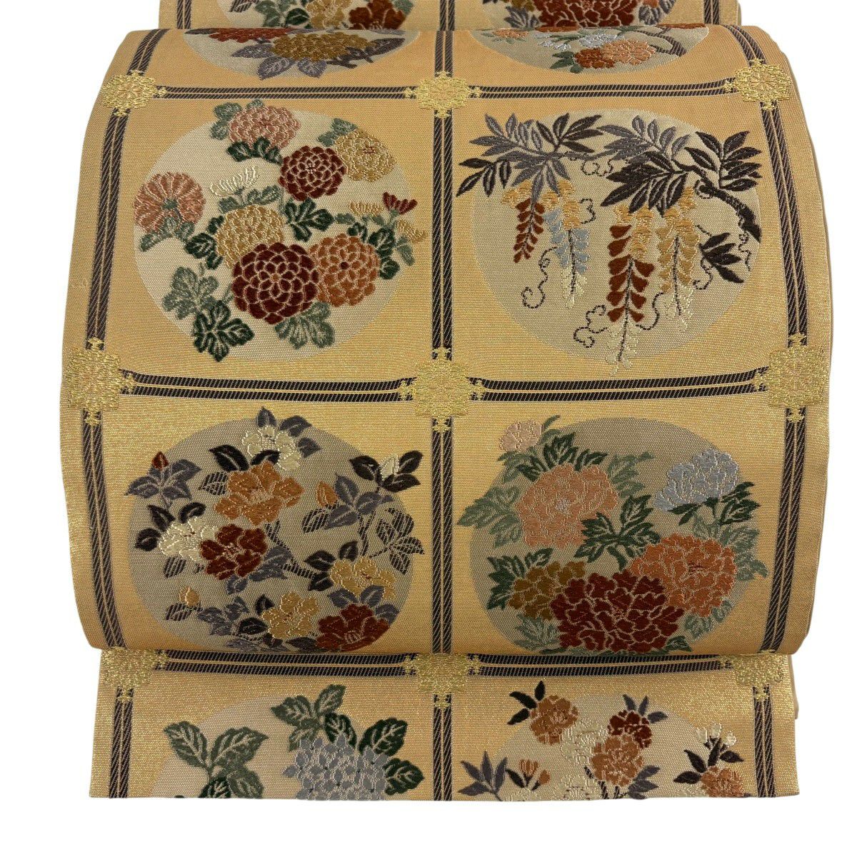 袋帶 秀品級 天井畫花圓紋 金絲 金金箔 金色 六通 純蠶絲