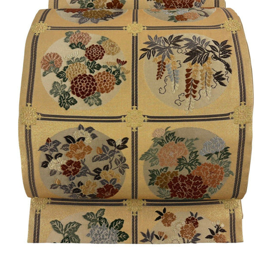 袋帶 秀品級 天井畫花圓紋 金絲 金金箔 金色 六通 純蠶絲