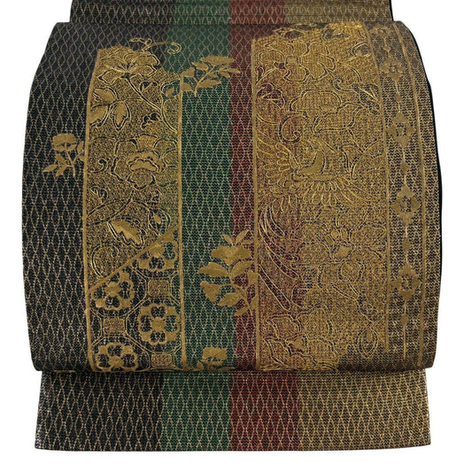 【美品】 袋帶 優品級 花唐草紋 縞紋 金絲 金金箔 金色 大鼓圖案 純蠶絲