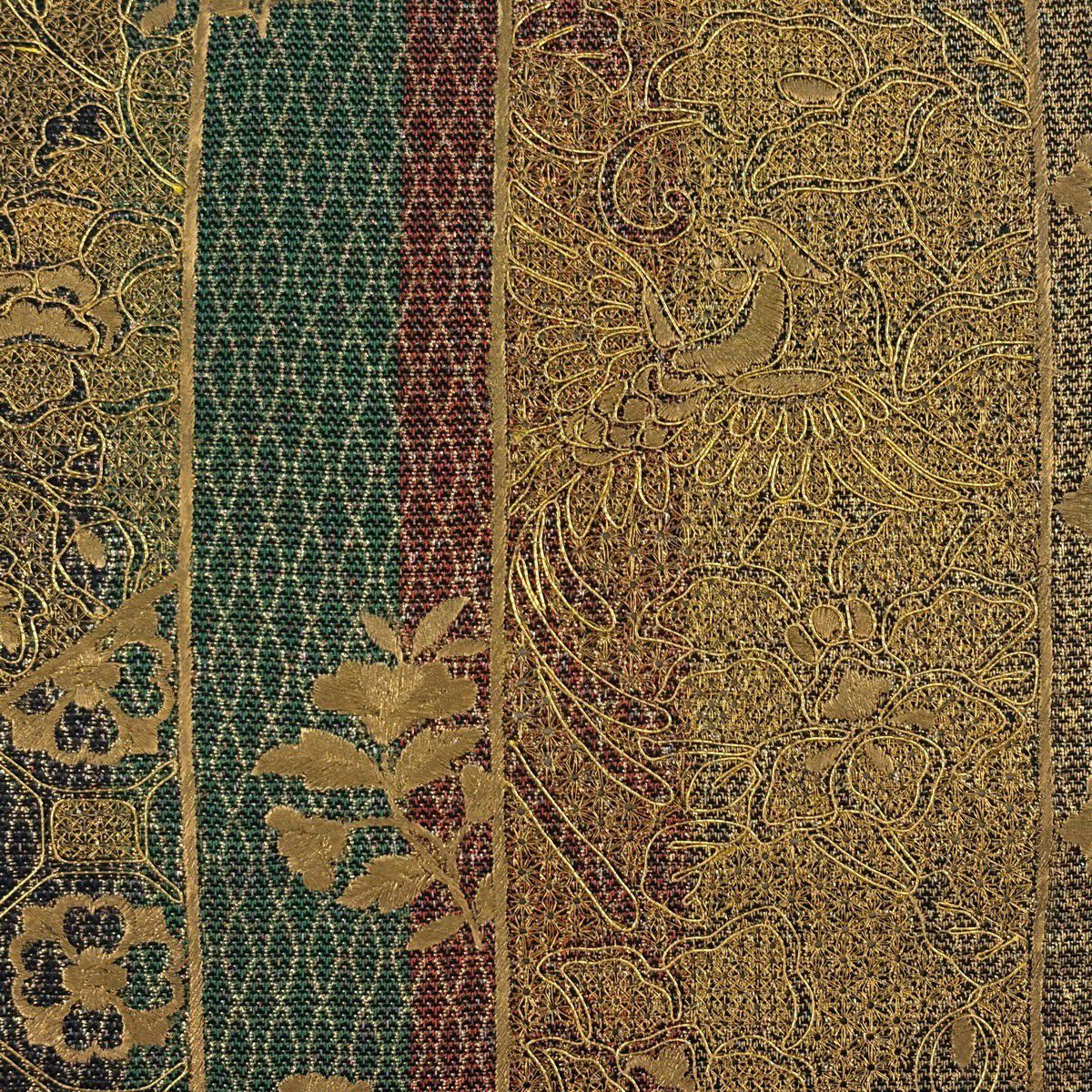 【美品】 袋帶 優品級 花唐草紋 縞紋 金絲 金金箔 金色 大鼓圖案 純蠶絲