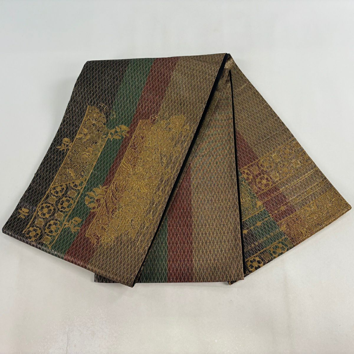 【美品】 袋帶 優品級 花唐草紋 縞紋 金絲 金金箔 金色 大鼓圖案 純蠶絲