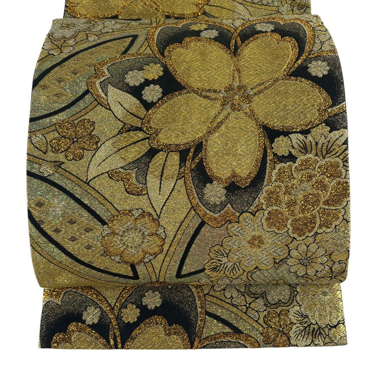 【美品】 袋帶 秀品級櫻花 菊花花 金金箔 金線 金 六通 純蠶絲