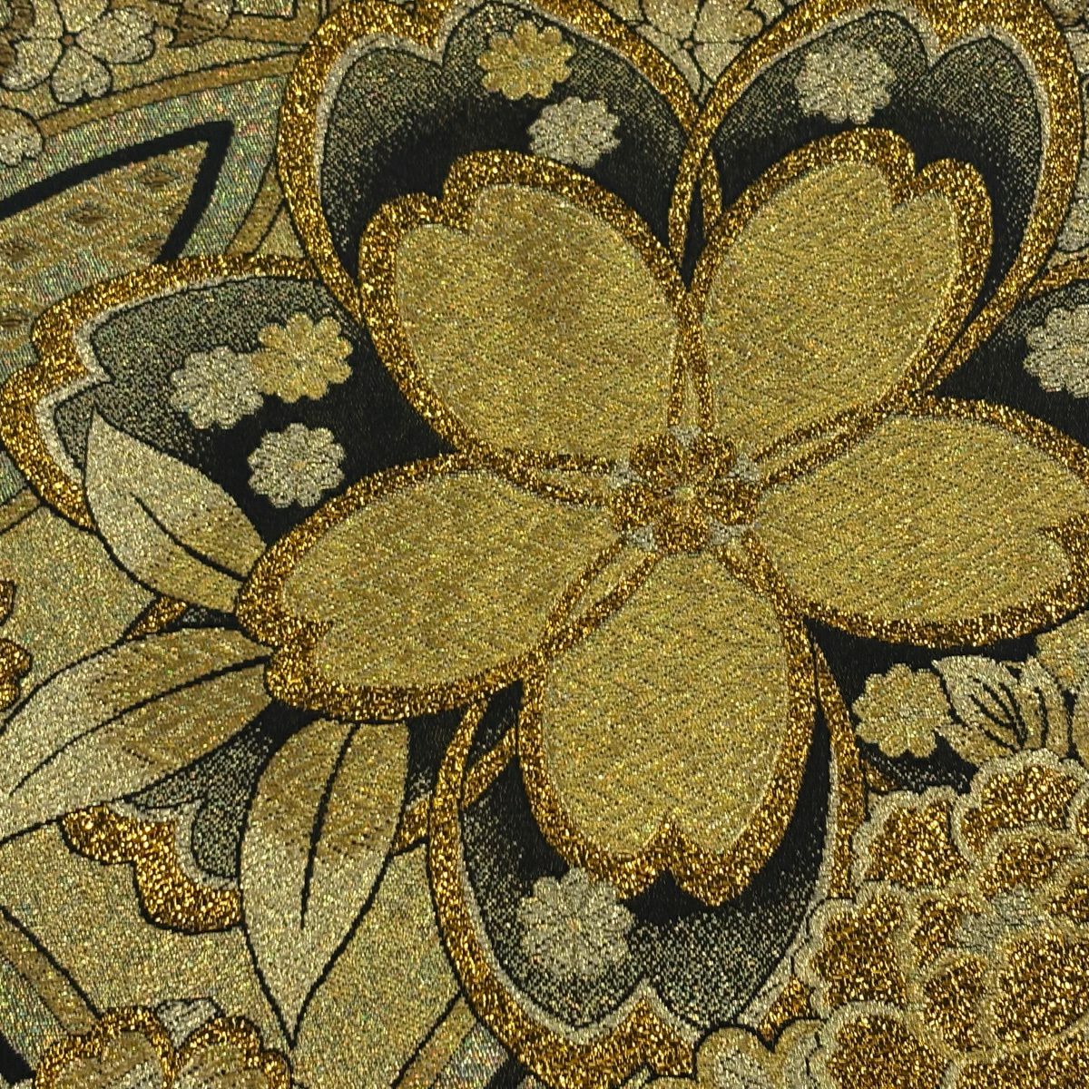 【美品】 袋帶 秀品級櫻花 菊花花 金金箔 金線 金 六通 純蠶絲
