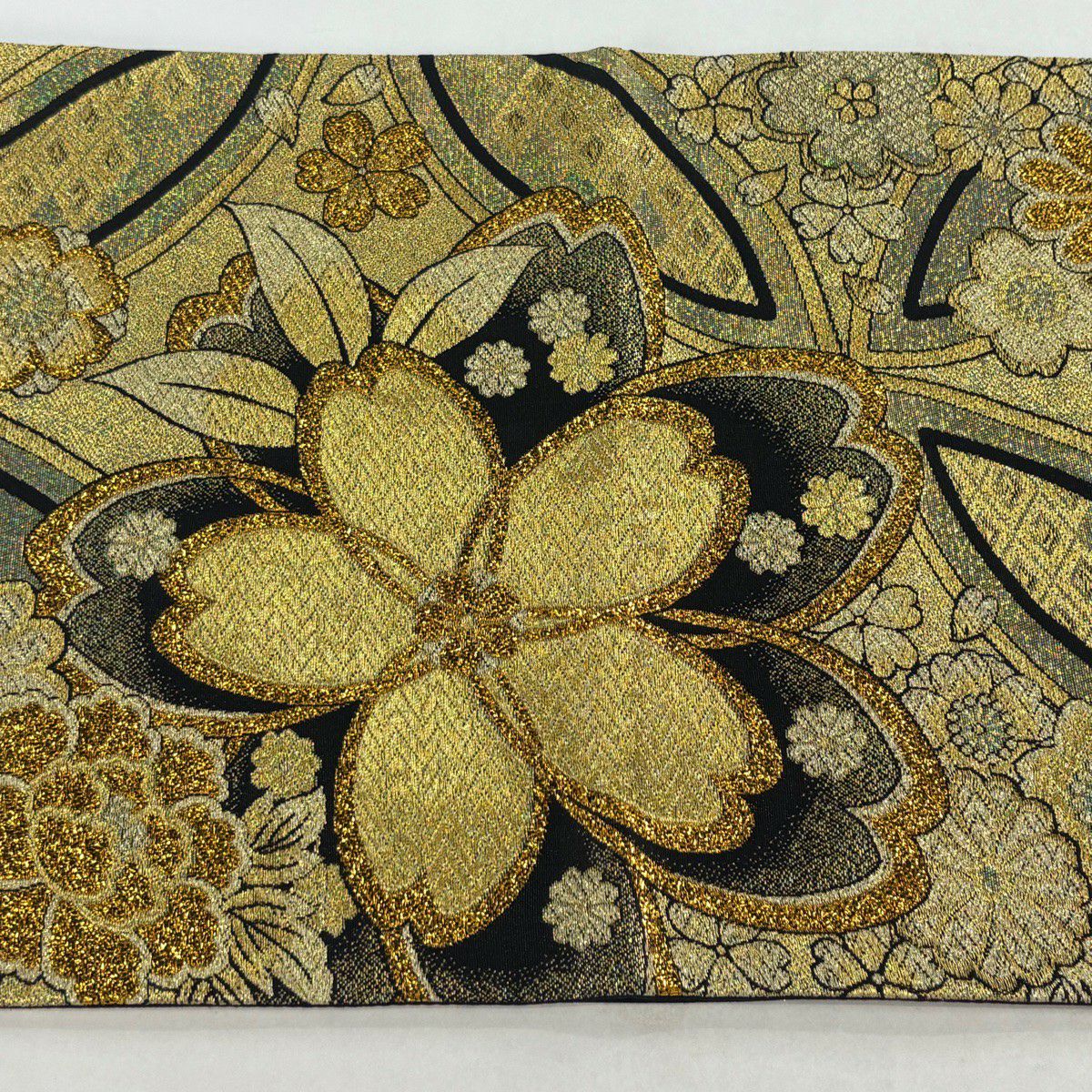【美品】 袋帶 秀品級櫻花 菊花花 金金箔 金線 金 六通 純蠶絲