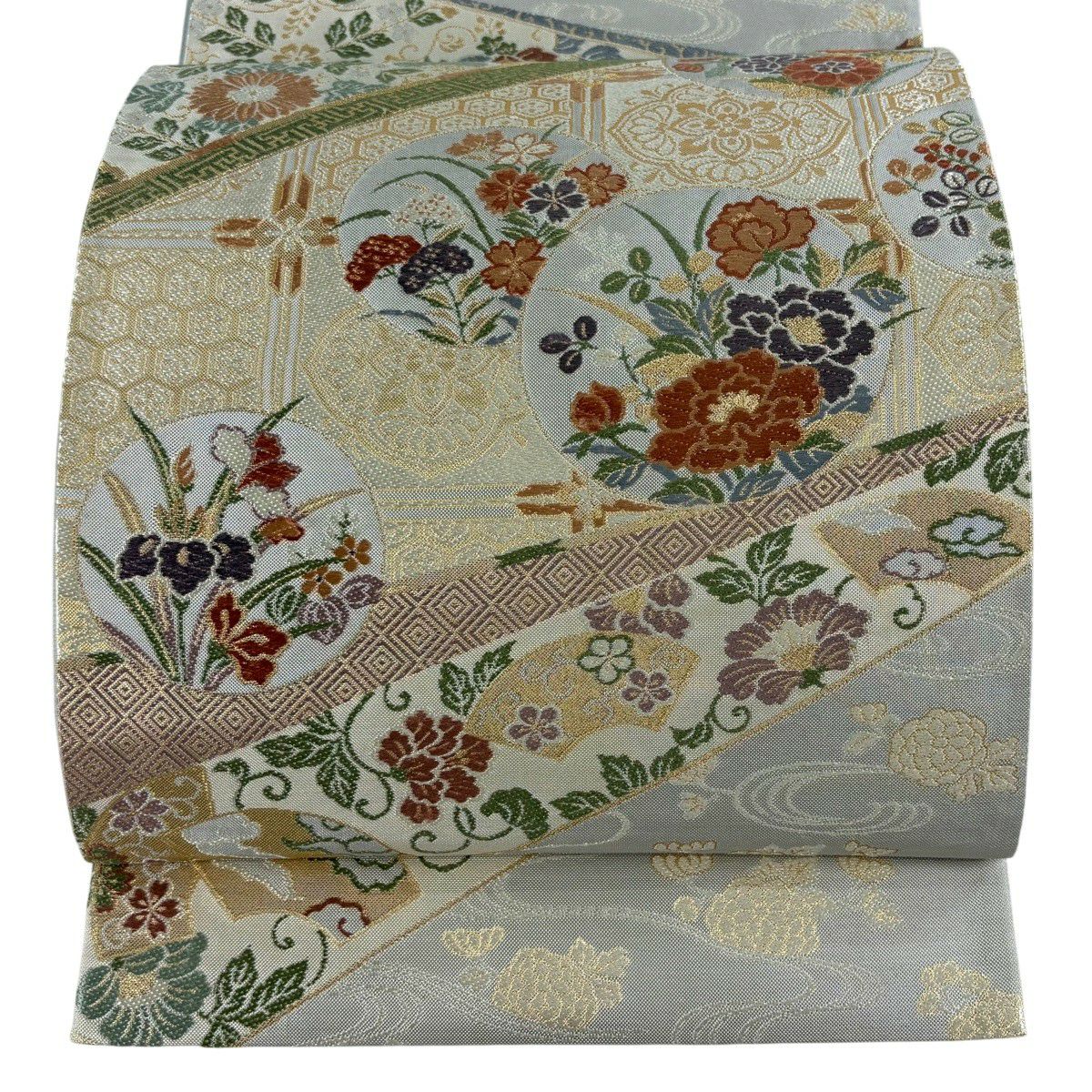 袋帶 秀品級 草花紋紋 有職文樣 金金箔 刺繡 灰 深藍 六通 純蠶絲