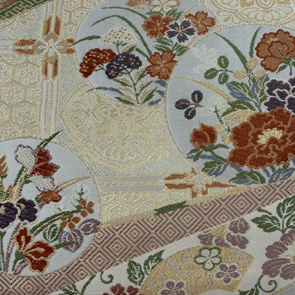 袋帶 秀品級 草花紋紋 有職文樣 金金箔 刺繡 灰 深藍 六通 純蠶絲
