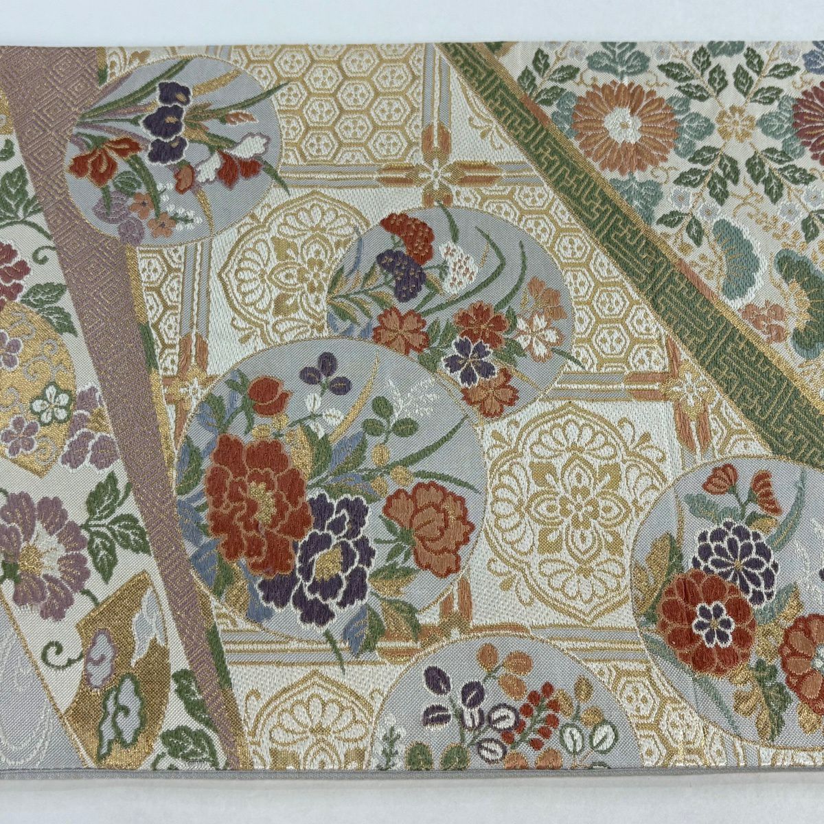 袋帶 秀品級 草花紋紋 有職文樣 金金箔 刺繡 灰 深藍 六通 純蠶絲